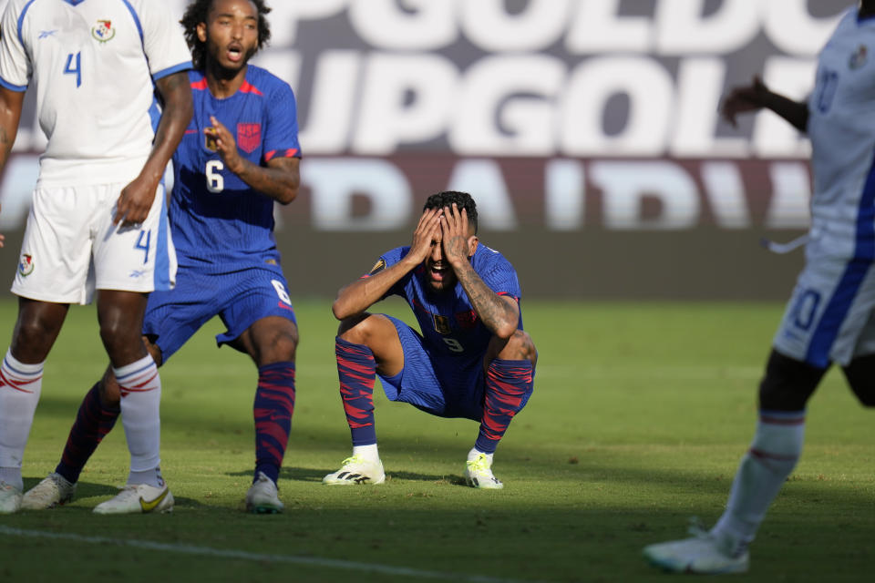 U.S. forward Jesús Ferreira, center, reacts to a missed opportunity to score during the second half of a CONCACAF Gold Cup semifinal soccer match against Panama, Wednesday, July 12, 2023, in San Diego. (AP Photo/Gregory Bull)