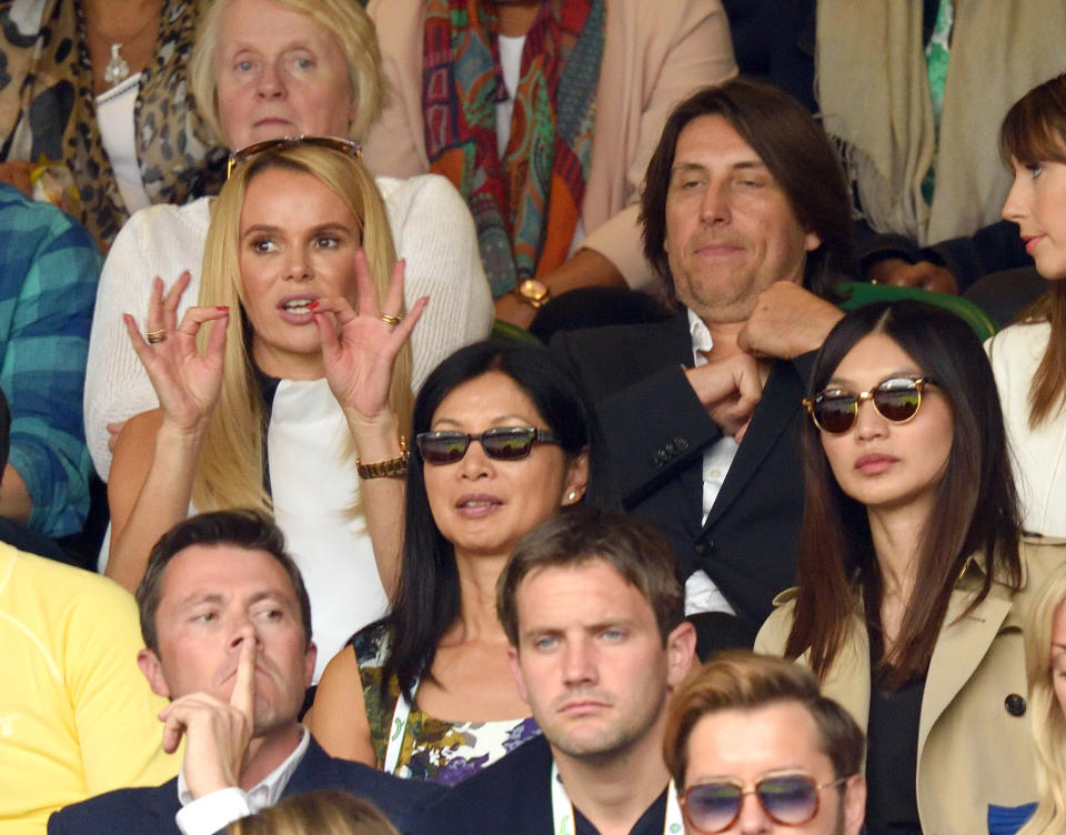 Amanda Holden and Chris Hughes attend day six of the Wimbledon Tennis Championships at Wimbledon on July 02, 2016 in London, England.  (Photo by Karwai Tang/WireImage)