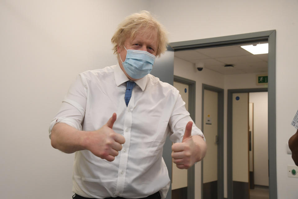 Prime Minister Boris Johnson during a visit to a coronavirus vaccination centre at the Health and Well-being Centre in Orpington, south-east London. Picture date: Monday February 15, 2021.