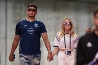 Kansas City Chiefs Patrick Mahomes and wife Brittany Mahomes attend an MLS game between Sporting Kansas City and Inter Miami at GEHA Field at Arrowhead Stadium on Saturday, April 13, 2024, in Kansas City.