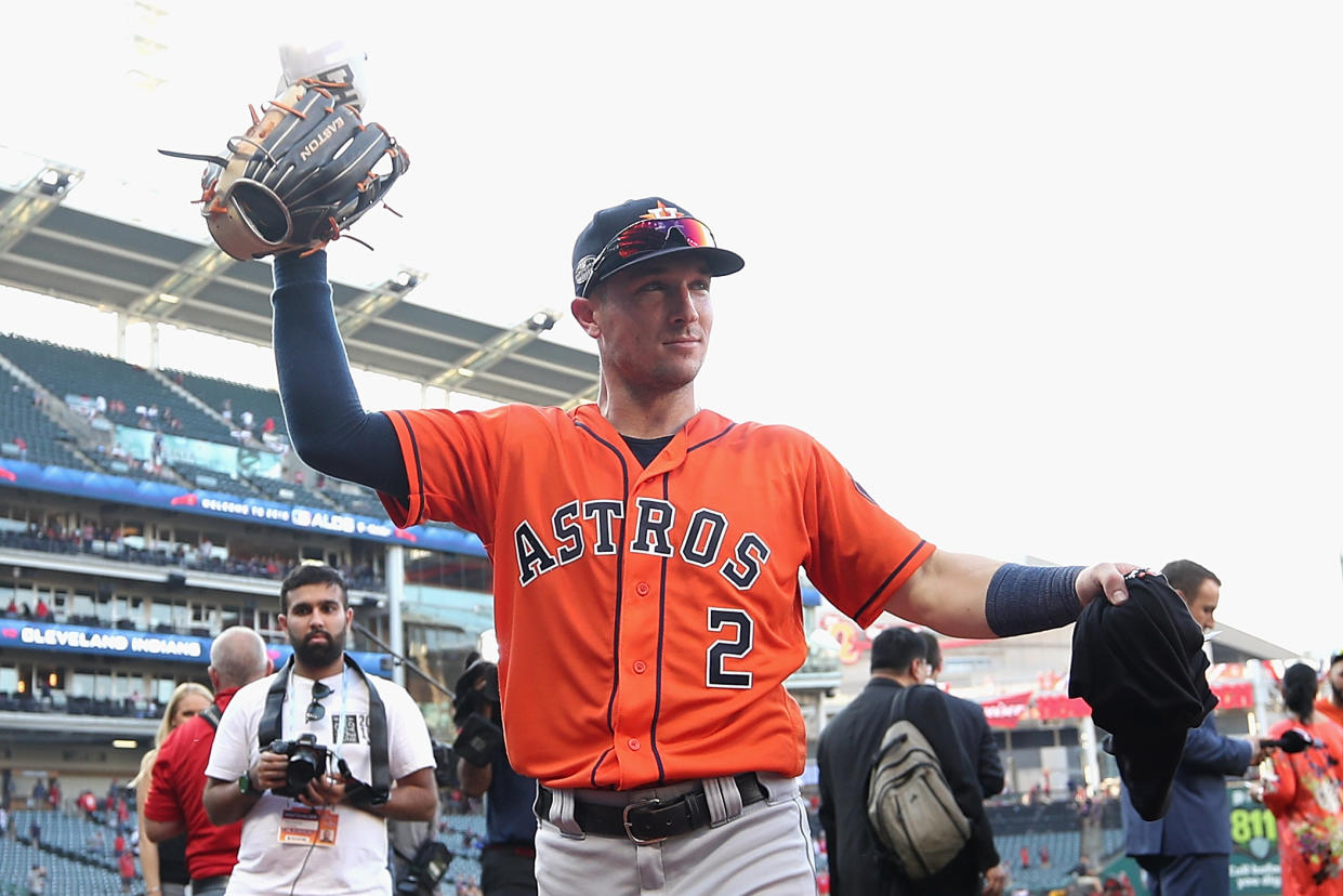 Alex Bregman celebrates with the Astros after beating the Indians in the ALDS. (Getty Images)