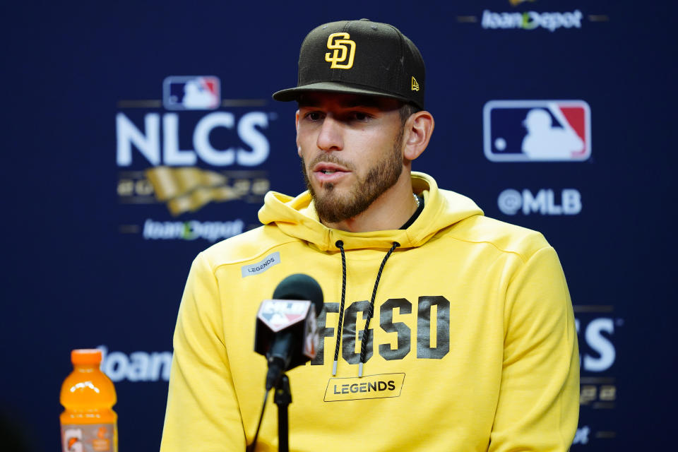 San Diego Padres starting pitcher Joe Musgrove speaks during a news conference ahead of Game 3 of the baseball National League Championship Series against the Philadelphia Phillies, Thursday, Oct. 20, 2022, in Philadelphia. (AP Photo/Matt Rourke)