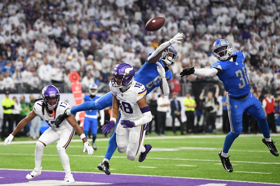 Lions safety Ifeatu Melifonwu breaks up a pass intended for Vikings wide receiver Justin Jefferson during the second quarter on Sunday, Dec. 24, 2023, in Minneapolis.