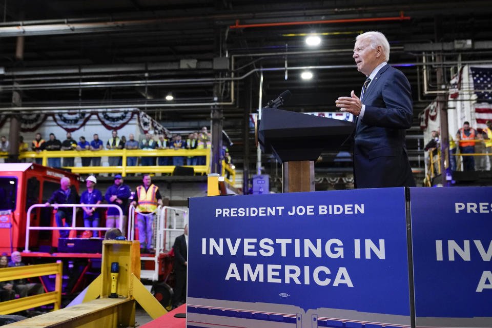 President Joe Biden speaks at the Amtrak Bear Maintenance Facility, Monday, Nov. 6, 2023, in Bear, Del. (AP Photo/Andrew Harnik)