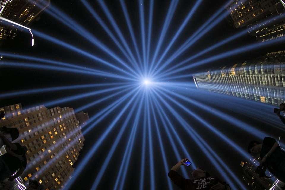<p>The Tribute in Light rises above the New York City skyline on Sept. 11, 2018, the 17th anniversary of the 2001 terrorist attacks. (Photo: Gordon Donovan/Yahoo News) </p>