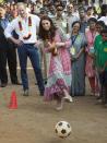 <p>While not exactly wearing proper sporting attire, Kate did not hesitate to join a soccer game on her <a href="https://www.townandcountrymag.com/style/fashion-trends/g2187/kate-middleton-india-bhutan-royal-visit/" rel="nofollow noopener" target="_blank" data-ylk="slk:royal visit to India;elm:context_link;itc:0;sec:content-canvas" class="link ">royal visit to India</a>.</p>