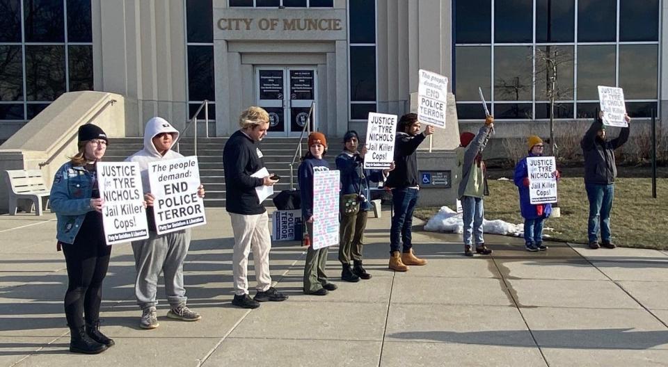 Supporters of the Party for Socialism & Liberation rally Sunday afternoon outside Muncie City Hall, protesting police brutality, including the fatal beating in January of Tyre Nichols in Memphis, Tennessee.