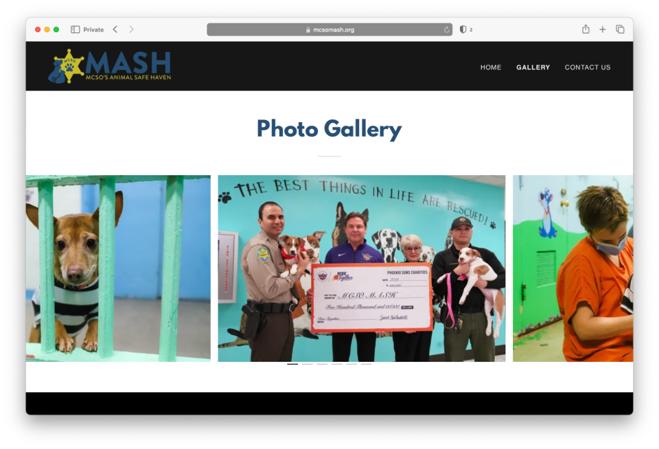 The MCSO MASH nonprofit website shows a photo of Sheriff Paul Penzone accepting a novelty check from the Phoenix Suns in 2019. The Suns' $500,000 donation was part of the roughly $1.6 million raised by the group since 2018 to build a facility that has not materialized.