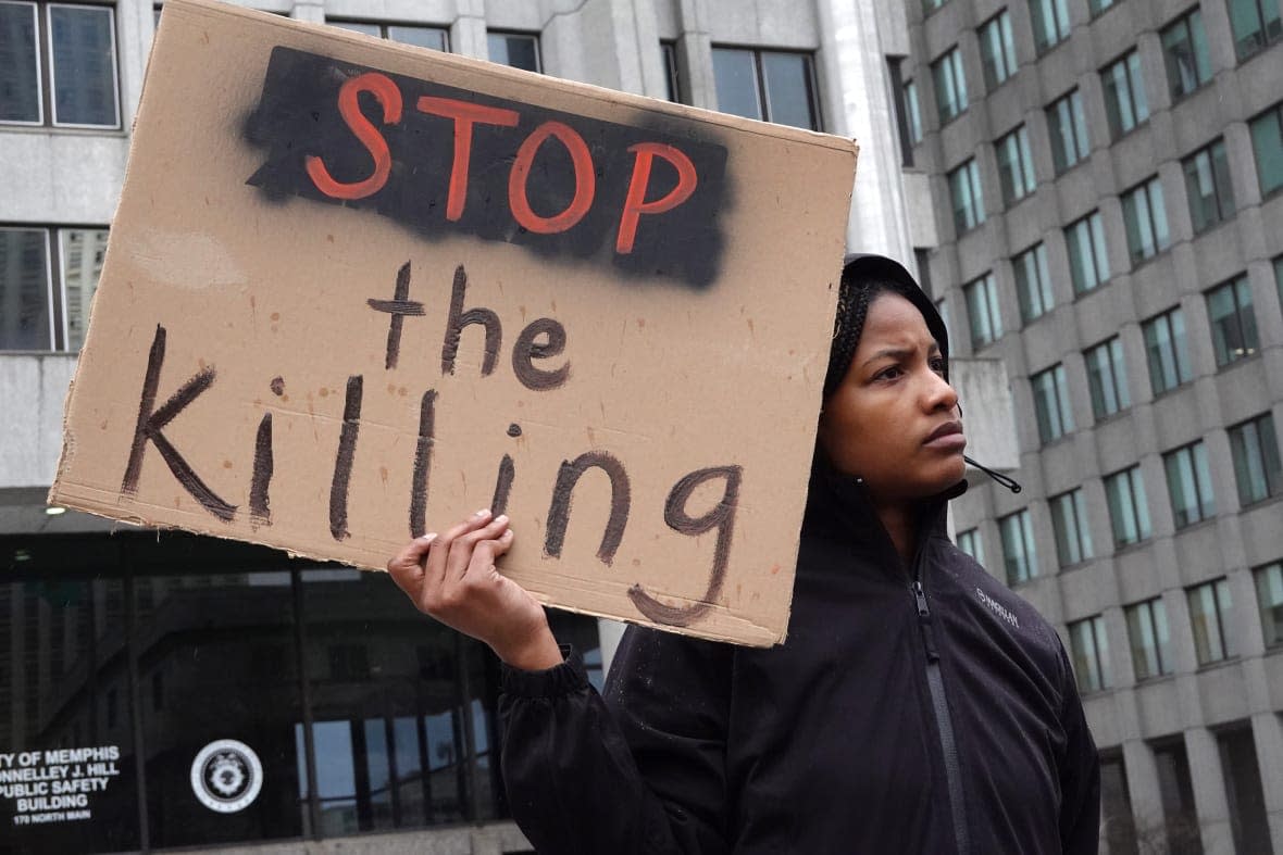 Demonstrators gather and march through downtown protesting the death of Tyre Nichols on January 28, 2023 in Memphis, Tennessee. Tyre Nichols died on January 10th, three days after being severely beaten by five Memphis police officers. Yesterday, the city of Memphis released to the public video footage of Nichols’ confrontation with the police. Today, it was reported that the Memphis police department disbanded the special operations unit to which the officers were attached. (Photo by Scott Olson/Getty Images)