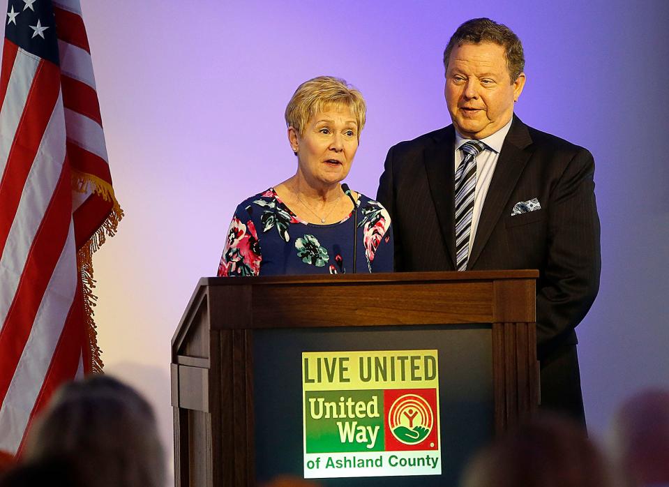 2022 campaign chairmen Lynne and Dan Lawson give their reflections on the campaign at the United Way of Ashland County's annual meeting Thursday, April 6, 2023 at Mount Vernon Estates. TOM E. PUSKAR/ASHLAND TIMES-GAZETTE