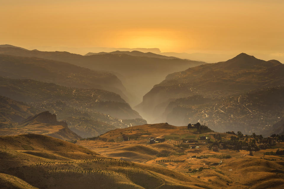 Young cedar trees that have been planted in a forestation initiative 2,400 meters above sea level, bottom left, are scattered in open land overlooking the Kadisha Valley, covered by fog, considered a holy site to Lebanon's Maronite Christians, in the northeast mountain town of Bcharre, Lebanon, Saturday, July 22, 2023. For Lebanon's Christians, the cedars are sacred, these tough evergreen trees that survive the mountain's harsh snowy winters. They point out with pride that Lebanon's cedars are mentioned 103 times in the Bible. (AP Photo/Hassan Ammar)