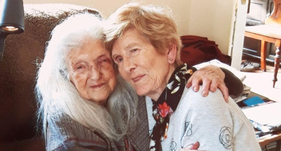 Eileen Macken, 81, and her mum Elizabeth, 103, (left). The pair met for the first time after Ms Macken was raised in an orphanage. Source: RTE