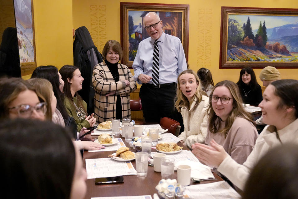 Chicago mayoral candidate Paul Vallas talks with patrons at the Ann Sather restaurant during a campaign stop in Chicago, Saturday, Feb. 25, 2023. Vallas, who has run as the law-and-order candidate, with support from the city's police union and promises to put hundreds more officers on the streets is hoping to unseat Chicago Mayor Lori Lightfoot and make her the city's first one-term mayor in decades. (AP Photo/Nam Y. Huh)