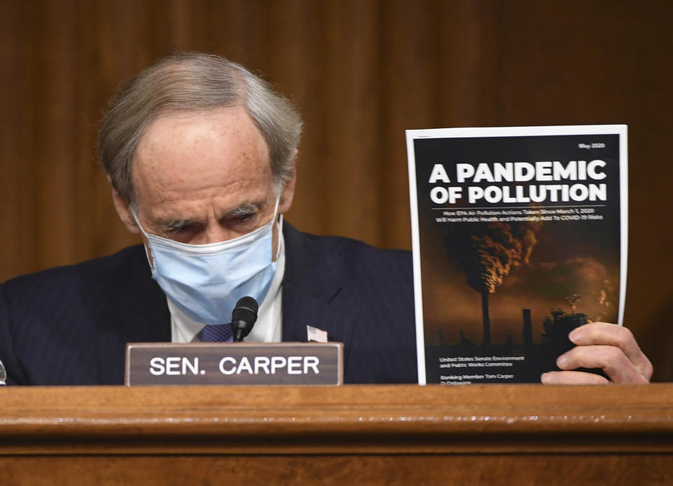 Ranking member Sen. Tom Carper, D-Del., delivers opening remarks during a Senate Environment and Public Works Committee oversight hearing to examine the Environmental Protection Agency, Wednesday, May 20, 2020 on Capitol Hill in Washington. (Kevin Dietsch/Pool via AP)