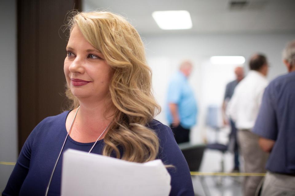 Marlina Ervin speaks to members of the press after winning the District 6 seat on the Maury County School Board on in a county  at the Maury County Election Commission in Columbia, Tenn., on Thursday, Aug. 6, 2020.