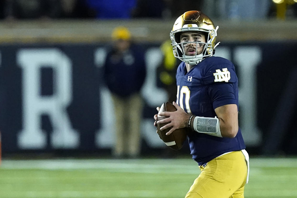 Notre Dame quarterback Drew Pyne took over as the team's starting quarterback early in the season after Tyler Buchner went down with an injury. (AP Photo/Charles Rex Arbogast)
