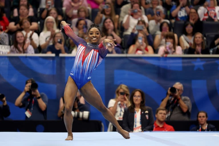 Simone Biles competes in floor exercise at the US Olympic gymnastics trials (JAMIE SQUIRE)