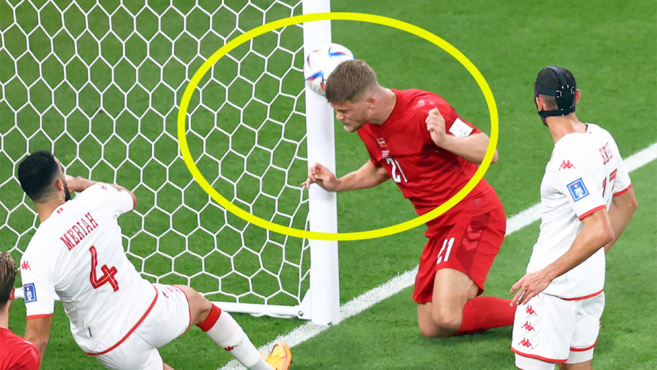 Andreas Cornelius missed an absolute sitter for Denmark in their disappointing World Cup draw with Group D rivals Tunisia. Pic: Twitter