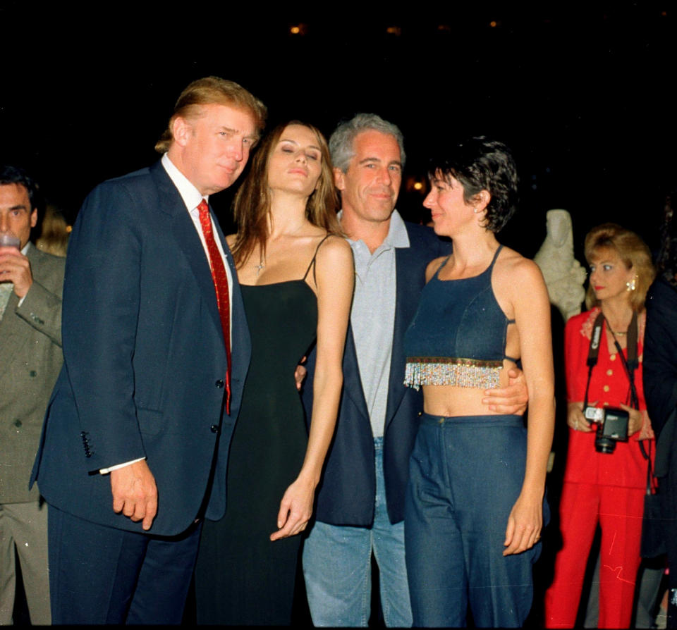 From left, American real estate developer Donald Trump and his girlfriend (and future wife), former model Melania Knauss, financier (and future convicted sex offender) Jeffrey Epstein, and British socialite Ghislaine Maxwell pose together at the Mar-a-Lago club, Palm Beach, Florida, February 12, 2000. (Photo by Davidoff Studios/Getty Images)