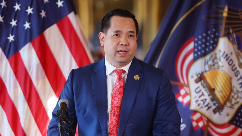 Utah Attorney General Sean Reyes speaks at a press conference in the Gold Room at the Capitol on Jan. 23, 2023.