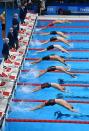 <p>Swimmers compete in the final of the men's 4x100m medley relay swimming event during the Tokyo 2020 Olympic Games at the Tokyo Aquatics Centre in Tokyo on August 1, 2021. (Photo by Jonathan NACKSTRAND / AFP)</p> 