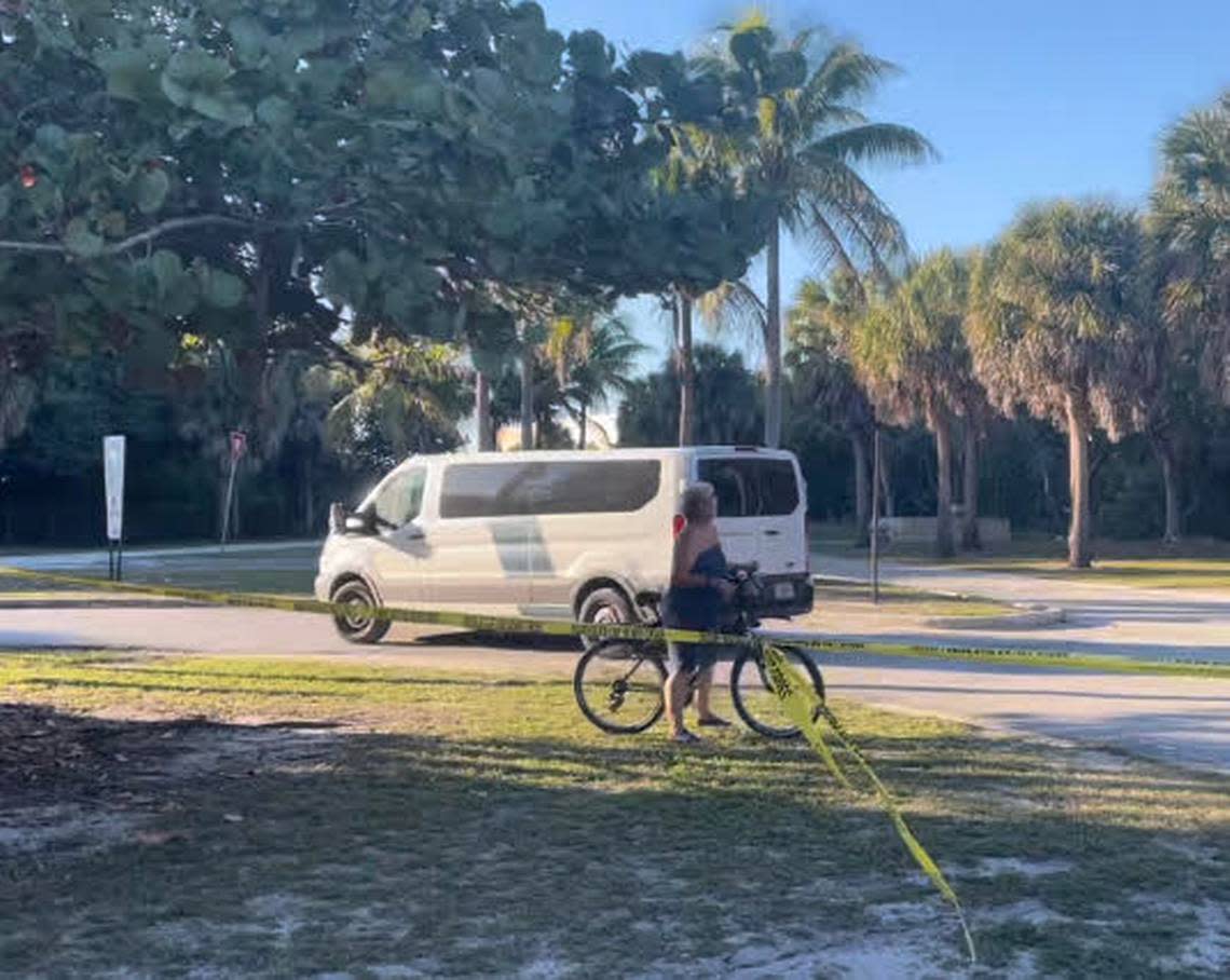 A U.S. Border Patrol van arrives on Virginia Key Thursday, Jan. 12, 2023, to respond to a migrant landing. About 25 people came ashore and about 40 others remained on the boat, authorities said.