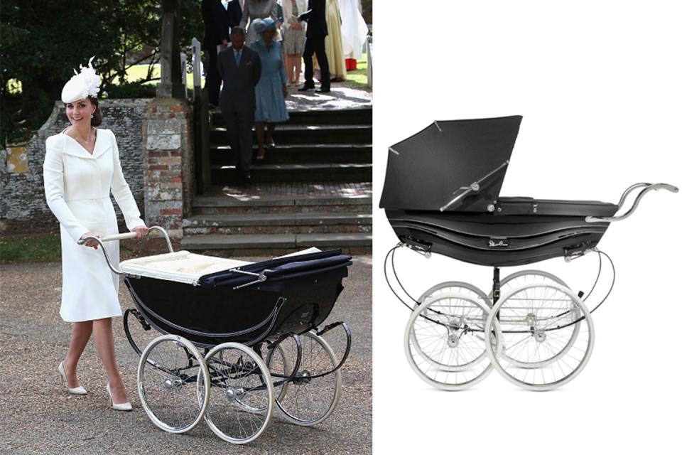 <p>Seen here carting Princess Charlotte to her christening, the Silver Cross pram has been named "the Rolls Royce" in prams, and includes chrome detailing.<br><a class="link " href="https://www.silvercrossbaby.com/our-products/prams-and-pushchairs/balmoral/black/" rel="nofollow noopener" target="_blank" data-ylk="slk:Shop Now;elm:context_link;itc:0;sec:content-canvas">Shop Now</a> $2,276<br></p>