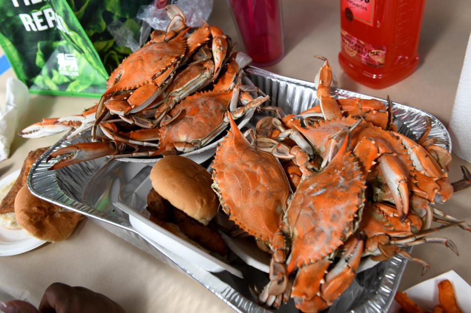 Steamed crabs at the J. Millard Tawes Crab and Clam Bake Wednesday, Sept. 27, 2023, at Somers Cove Marina in Crisfield, Maryland.