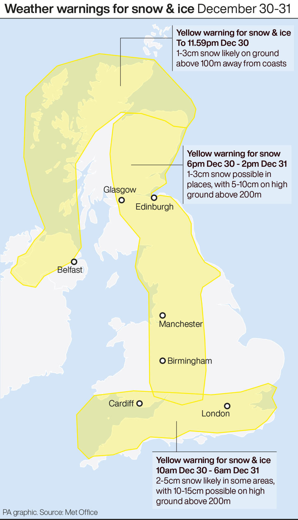 Weather warnings for snow & ice December 30-31. See story WEATHER Winter. Infographic PA Graphics. An editable version of this graphic is available if required. Please contact graphics@pamediagroup.com.