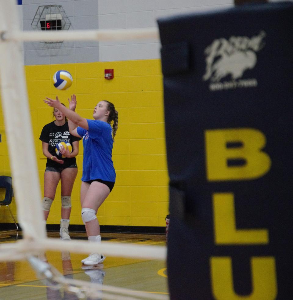 A Gaylord player starts her serve during tryouts on Tuesday, August 8.