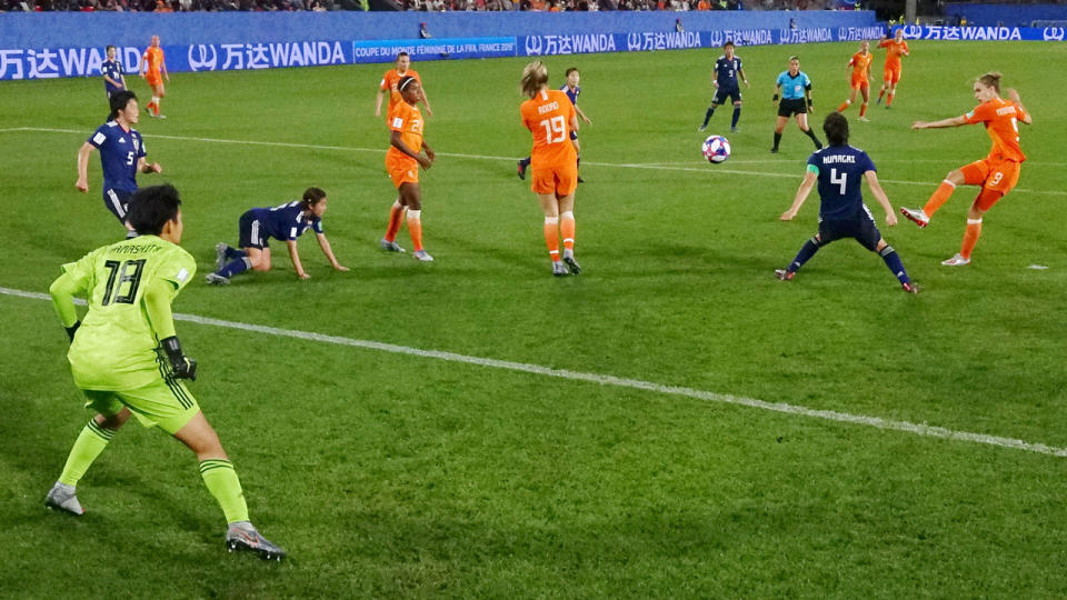 The referee spotted the handball and awarded the penalty. Pic: Getty