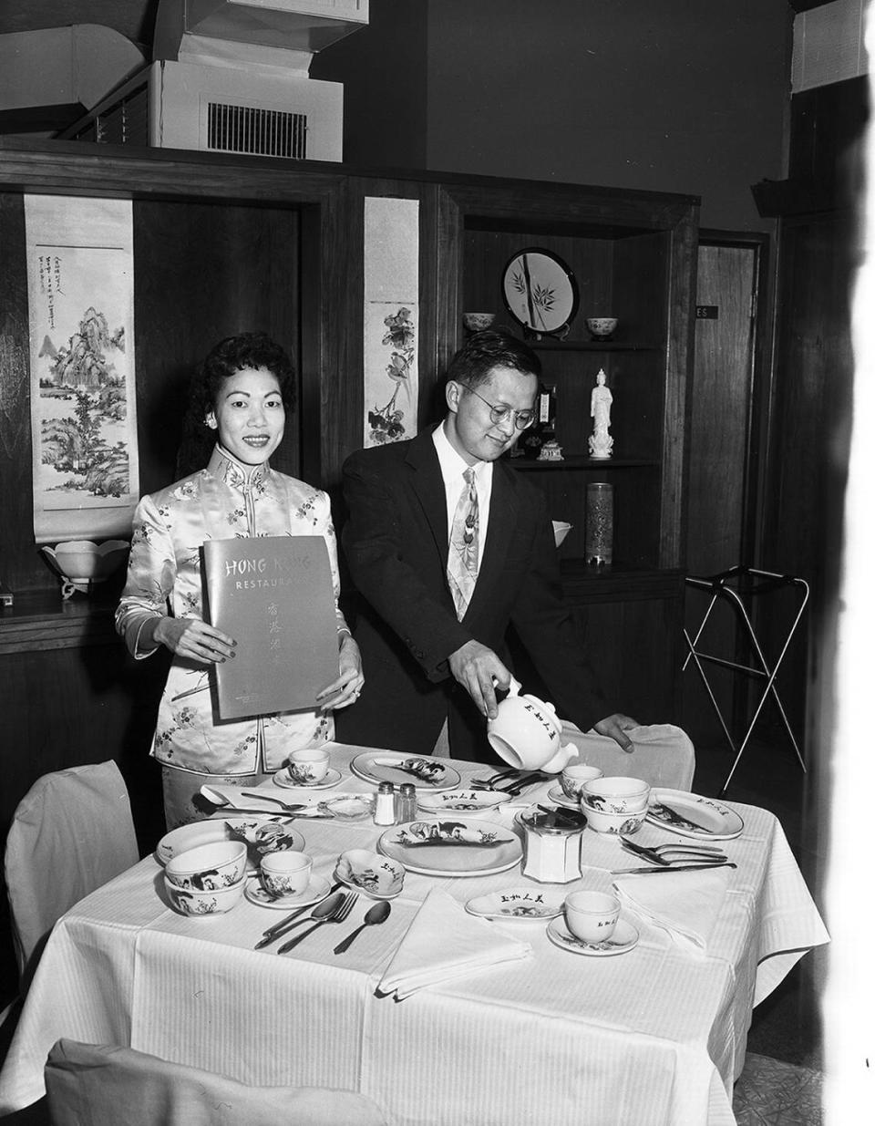 March 26, 1959: Walter and Frances Eng, opening their Hong Kong Restaurant on Blue Bonnet Circle off South University Drive in Fort Worth. Walter, who was born in Canton, China, came to Fort Worth in 1932. The restaurant business ran in his family.