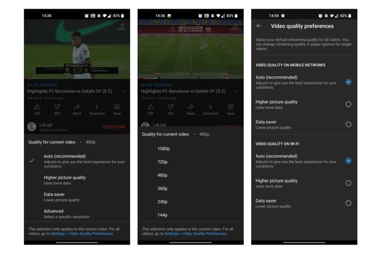 Una vista de las nuevas opciones que YouTube ofrece en sus aplicaciones móviles