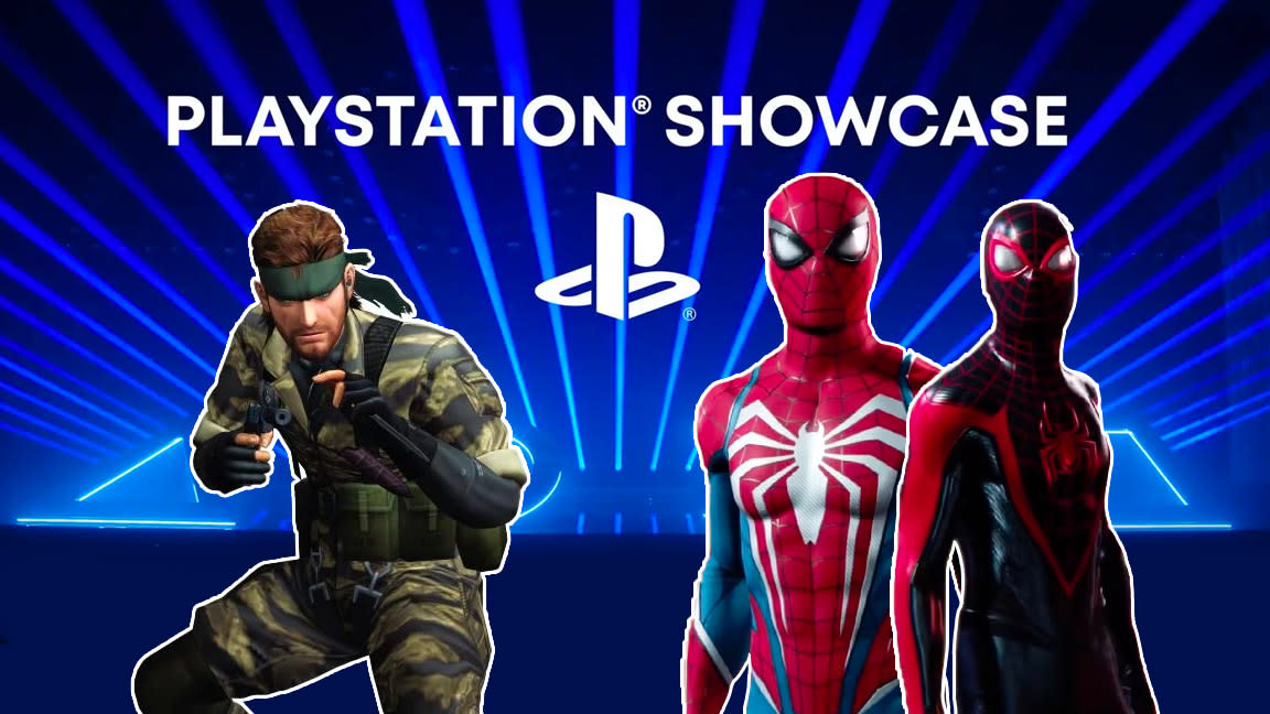  PlayStation Showcase 2023 live bloq; PS5 game characters on a blue background 