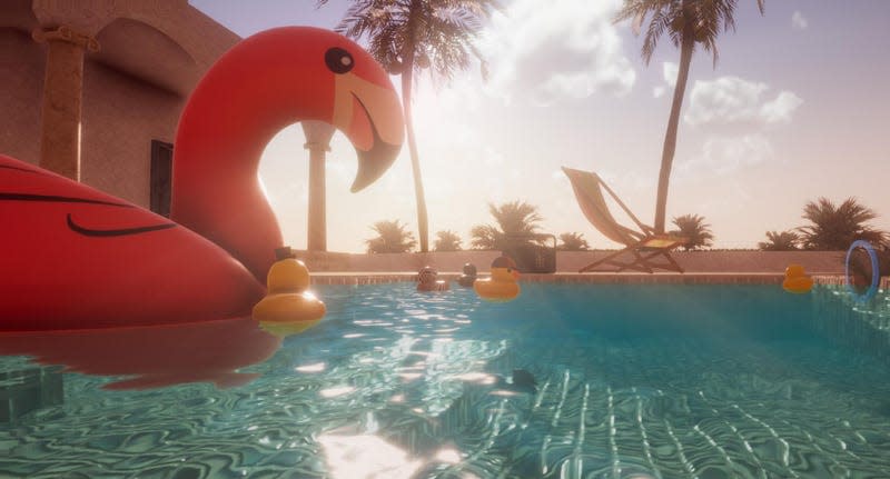 Sunrise at the duck pool, with a big rubber flamingo.