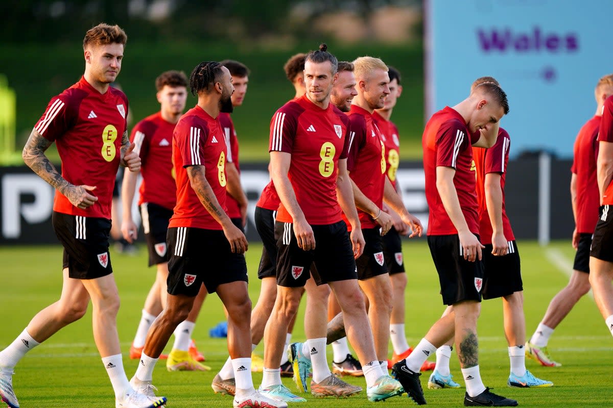 Wales captain Gareth Bale (centre) and teammates in training ahead of their World Cup opener against the United States on Monday (Mike Egerton/PA) (PA Wire)