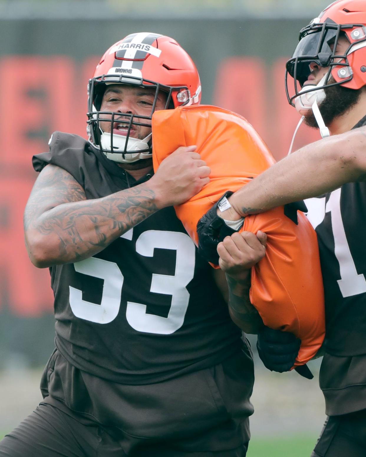 Cleveland Browns center Nick Harris works on blocking techniques during minicamp on Tuesday, June 14, 2022 in Berea.