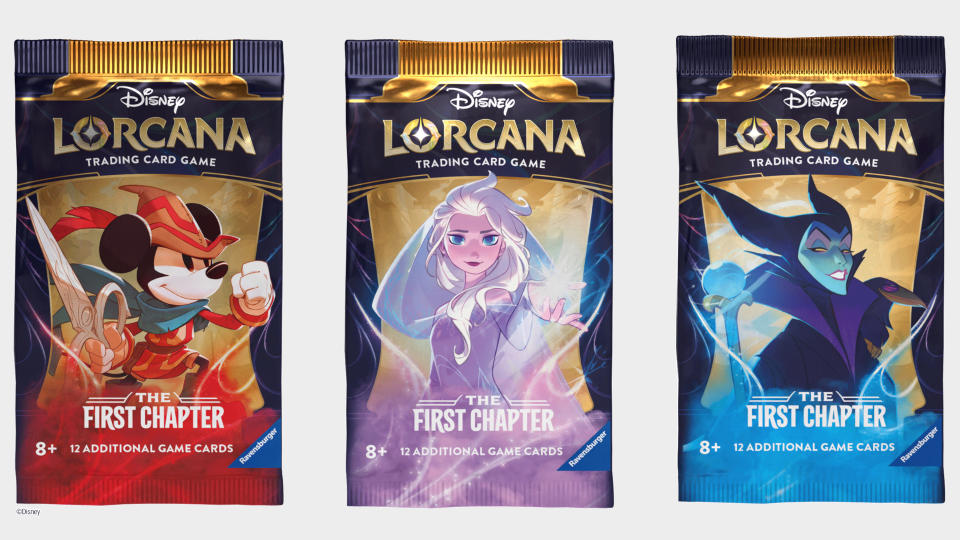 Disney Lorcana booster packs on a plain background