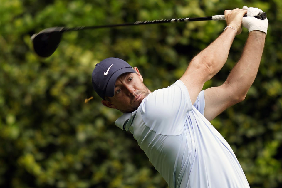 Rory McIlroy, of Northern Ireland, watches his tee shot on the 12th hole during the second round of the Wells Fargo Championship golf tournament at Quail Hollow Friday, May 10, 2024, in Charlotte, N.C. (AP Photo/Erik Verduzco)