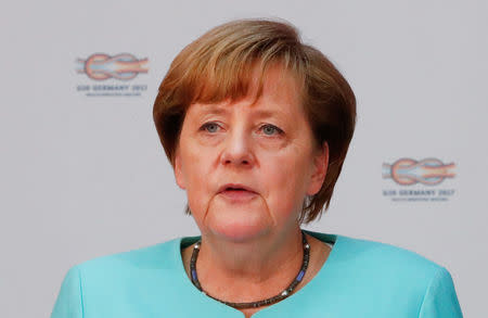 German Chancellor Angela Merkel gives a speech at the meeting of the G20 health ministers in Berlin, Germany, May 19, 2017. REUTERS/Fabrizio Bensch