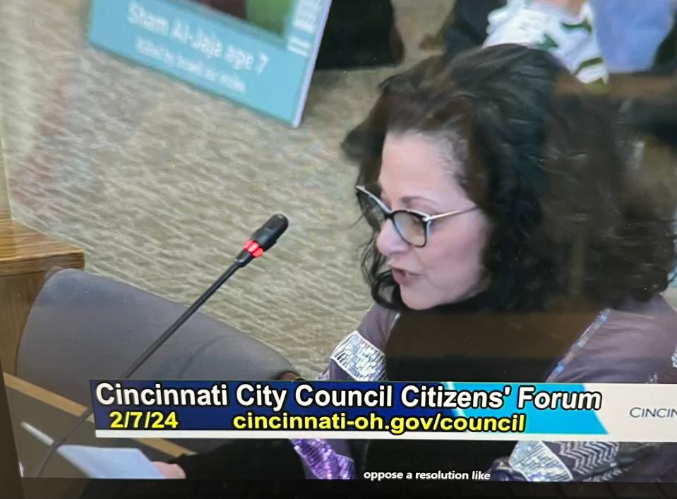 Former Cincinnati first lady Dena Cranley spoke at Cincinnati City Council Wednesday urging council members to pass a resolution supporting a ceasefire in Gaza. No resolution was brought to the floor of council.