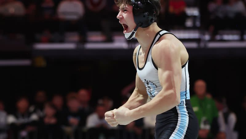 Geronimo Rivera, Layton, celebrates his win at 126 pounds in the 6A boys wrestling state championships at UVU in Orem on Saturday, Feb. 17, 2024.