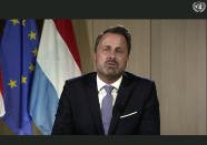 In this photo made from UNTV video, Xavier Bettel, Prime Minister of Luxembourg, speaks in a pre-recorded message which was played during the 75th session of the United Nations General Assembly, Wednesday, Sept. 23, 2020, at UN Headquarters. (UNTV Via AP )