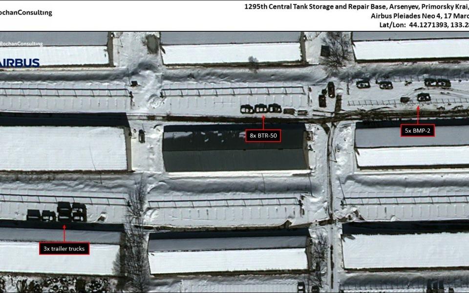 Rochan Consulting’s latest open source intel report. Satellite imagery analysis confirmed a withdrawal of 29 T-55 MBTs from a storage site in Far East Russia - Rochan Consulting/Airbus Imaging /Rochan Consulting/Airbus Imaging 