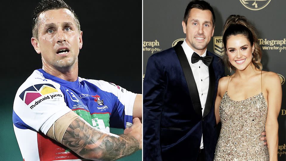 Mitchell Pearce is seen here with fiancee Kristin Scott at an awards night.