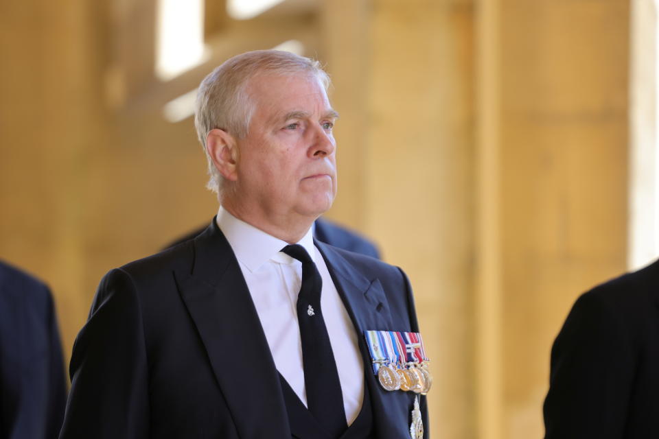 Britain's Britain's Prince Andrew, Duke of York, looks on during the funeral of Britain's Prince Philip, husband of Queen Elizabeth, who died at the age of 99, in Windsor, Britain, April 17, 2021. Chris Jackson/Pool via REUTERS