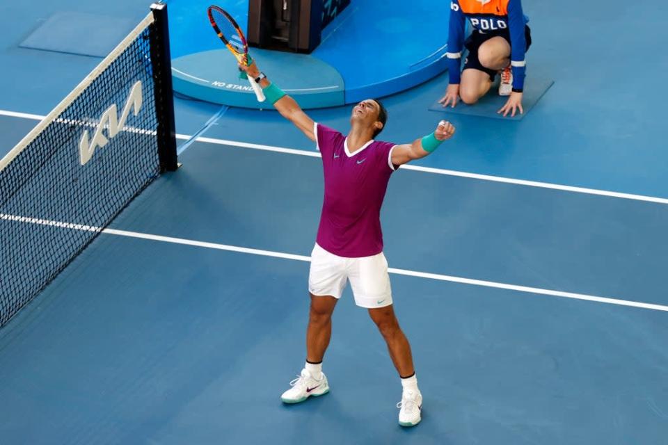 Rafael Nadal celebrates his battling victory (Tertius Pickard/AP) (AP)