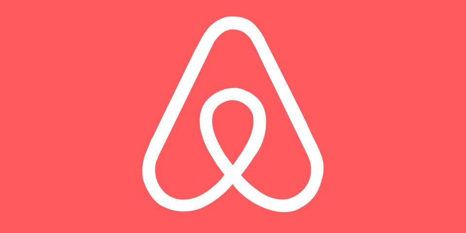 The Airbnb logo transforms into simple line drawing of a house with two windows and a front door