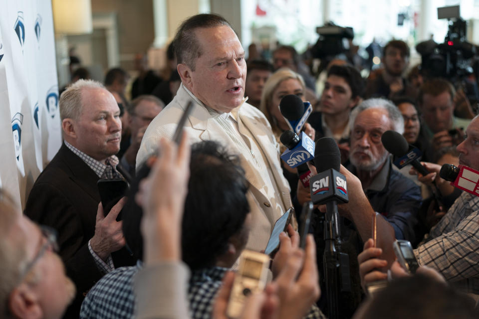 Agent Scott Boras responds to questions during a news conference at the Major League Baseball winter meetings, Wednesday, Dec. 6, 2023, in Nashville, Tenn. (AP Photo/George Walker IV)