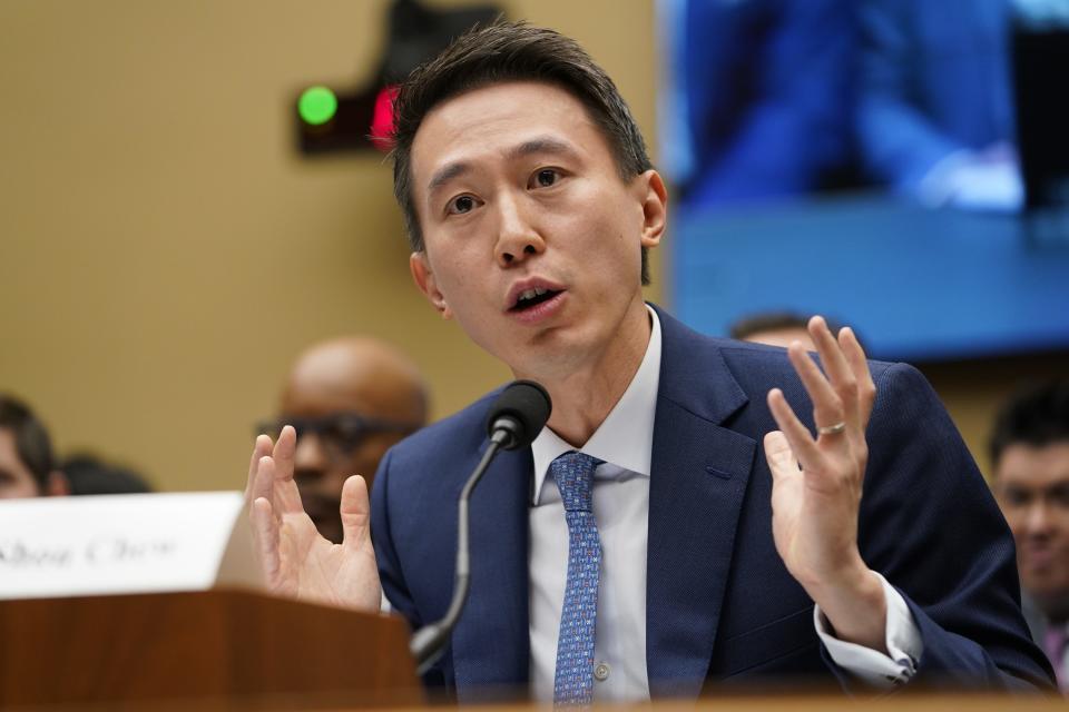 TikTok CEO Shou Zi Chew testifies before the House Energy and Commerce Committee on Thursday, March 23, 2023 in Washington. The social media company has come under scrutiny for its data collection and privacy practices.